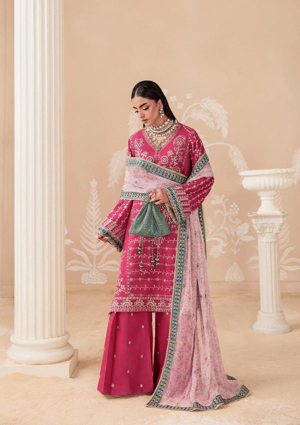 AIK Atelier pink embroidered three-piece suit with sharara and organza dupatta